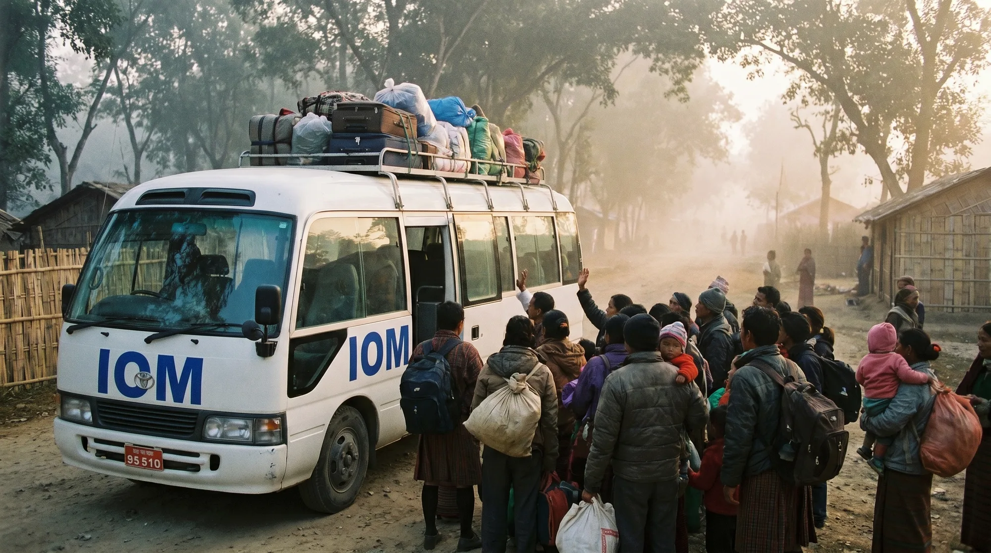 An IOM minibus, luggage on the roof, as families board to leave the camp for resettlement