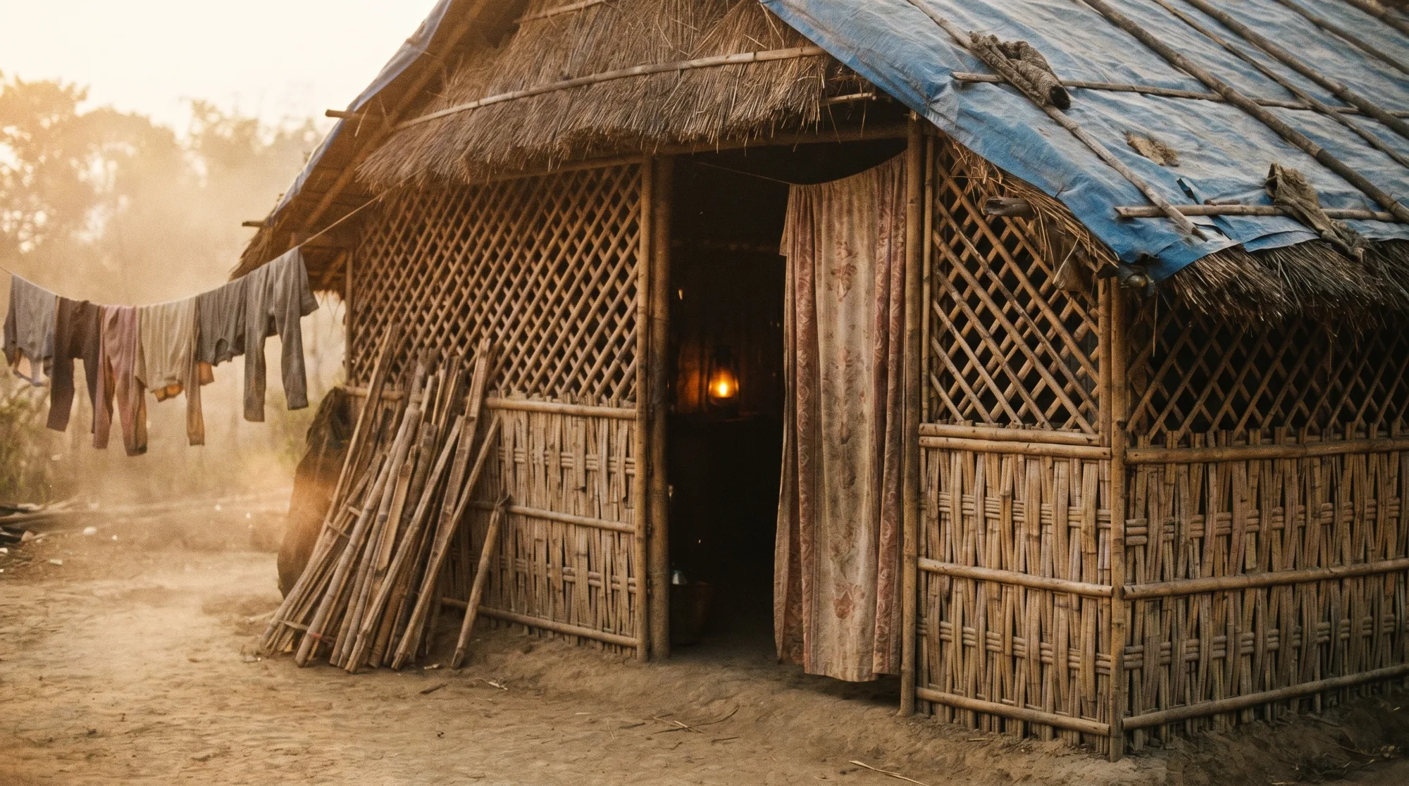 A bamboo hut with woven walls and a warm lantern glow at golden hour
