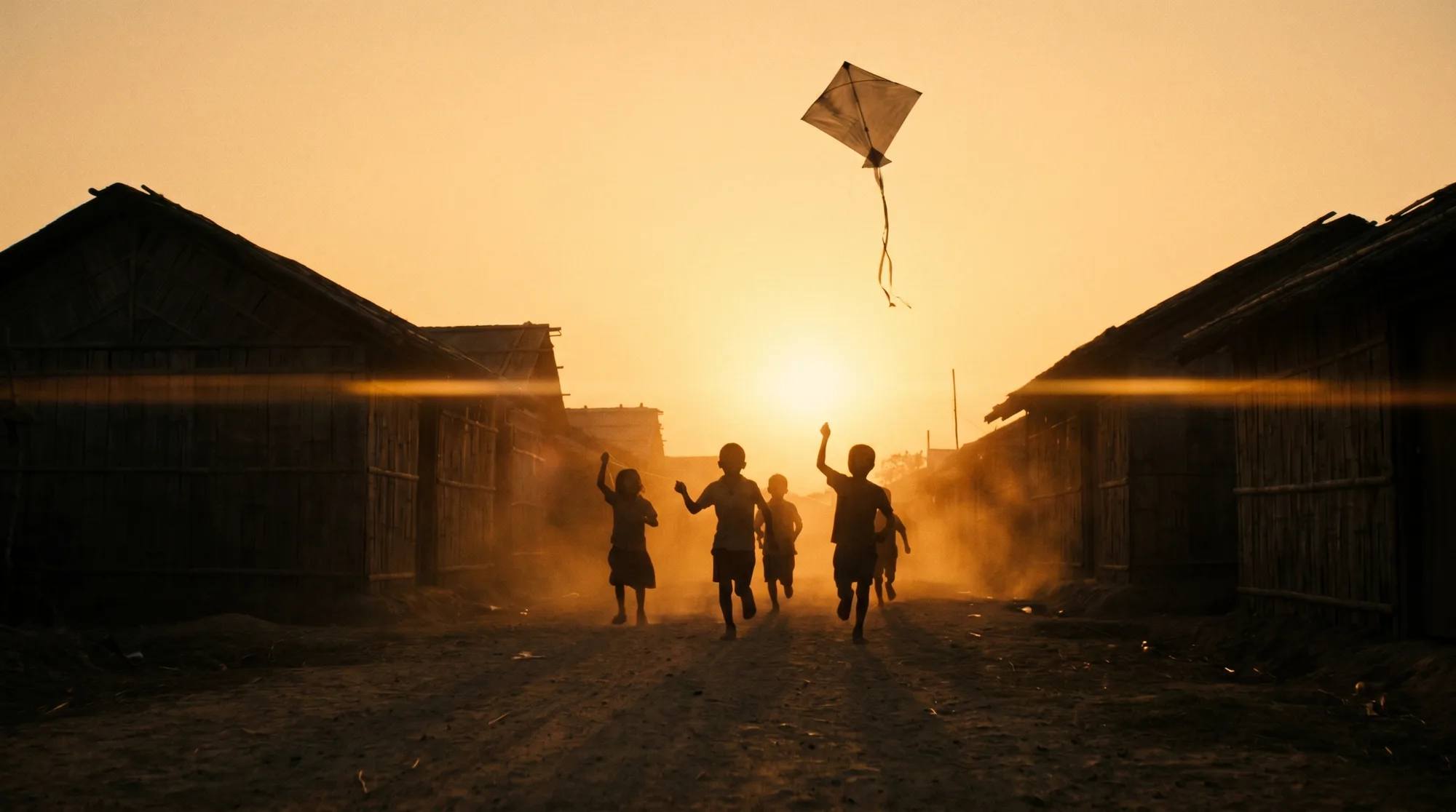Children's silhouettes flying a kite on a dusty camp road at sunset