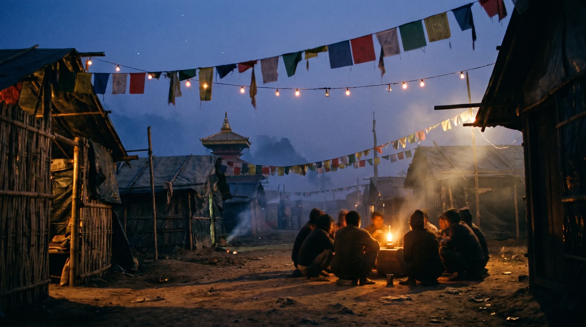 A blue-hour gathering around a lamp beneath prayer flags and string lights in the camp