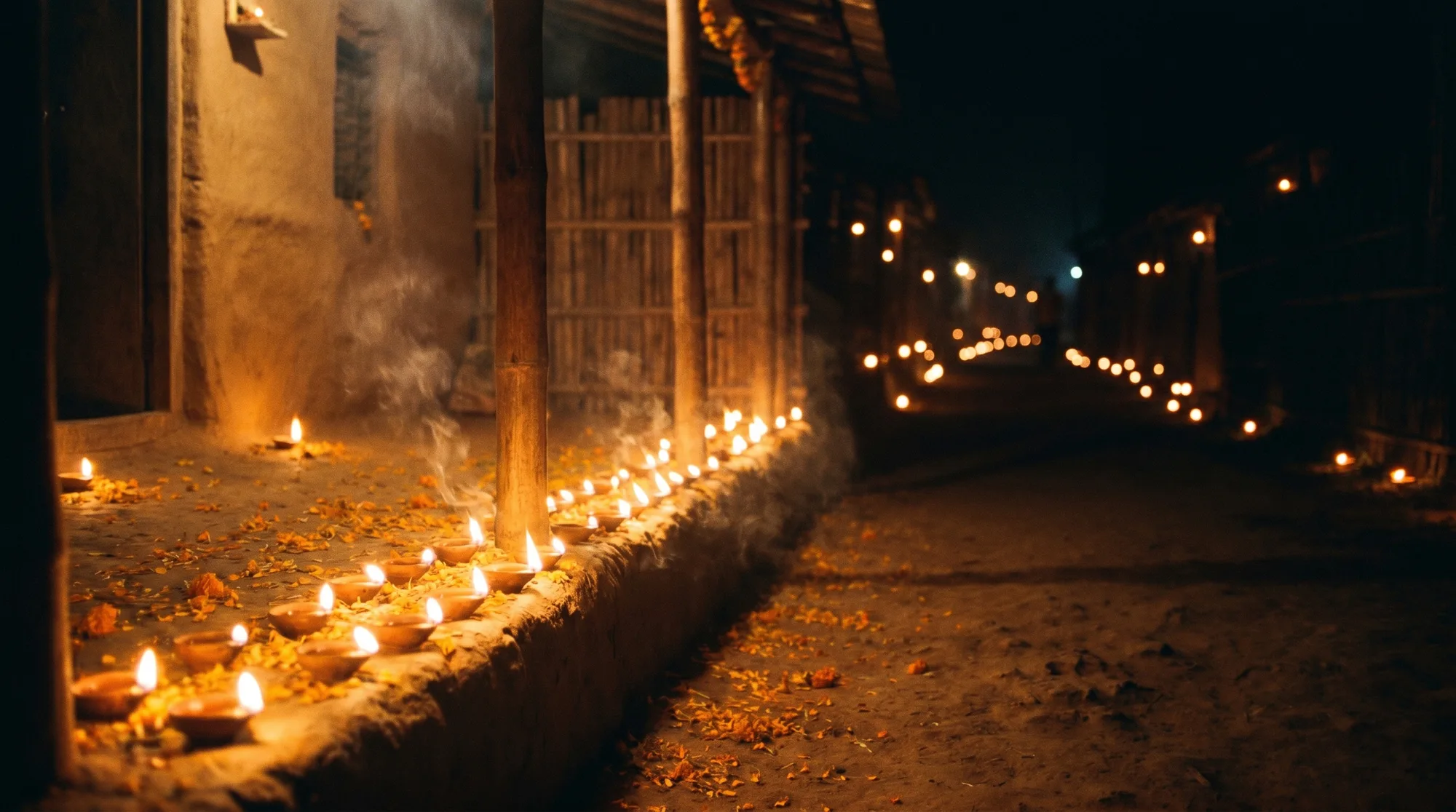 Rows of tiny oil lamps glowing along a veranda during Tihar