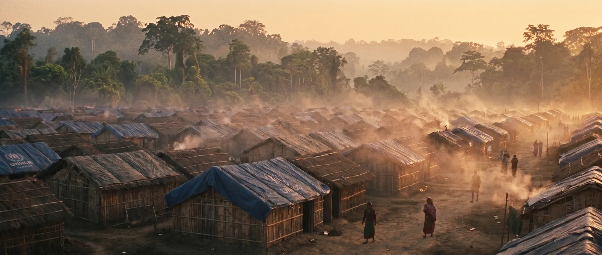 Dawn over a bamboo-and-thatch refugee camp on the plains of eastern Nepal, with the Himalaya behind