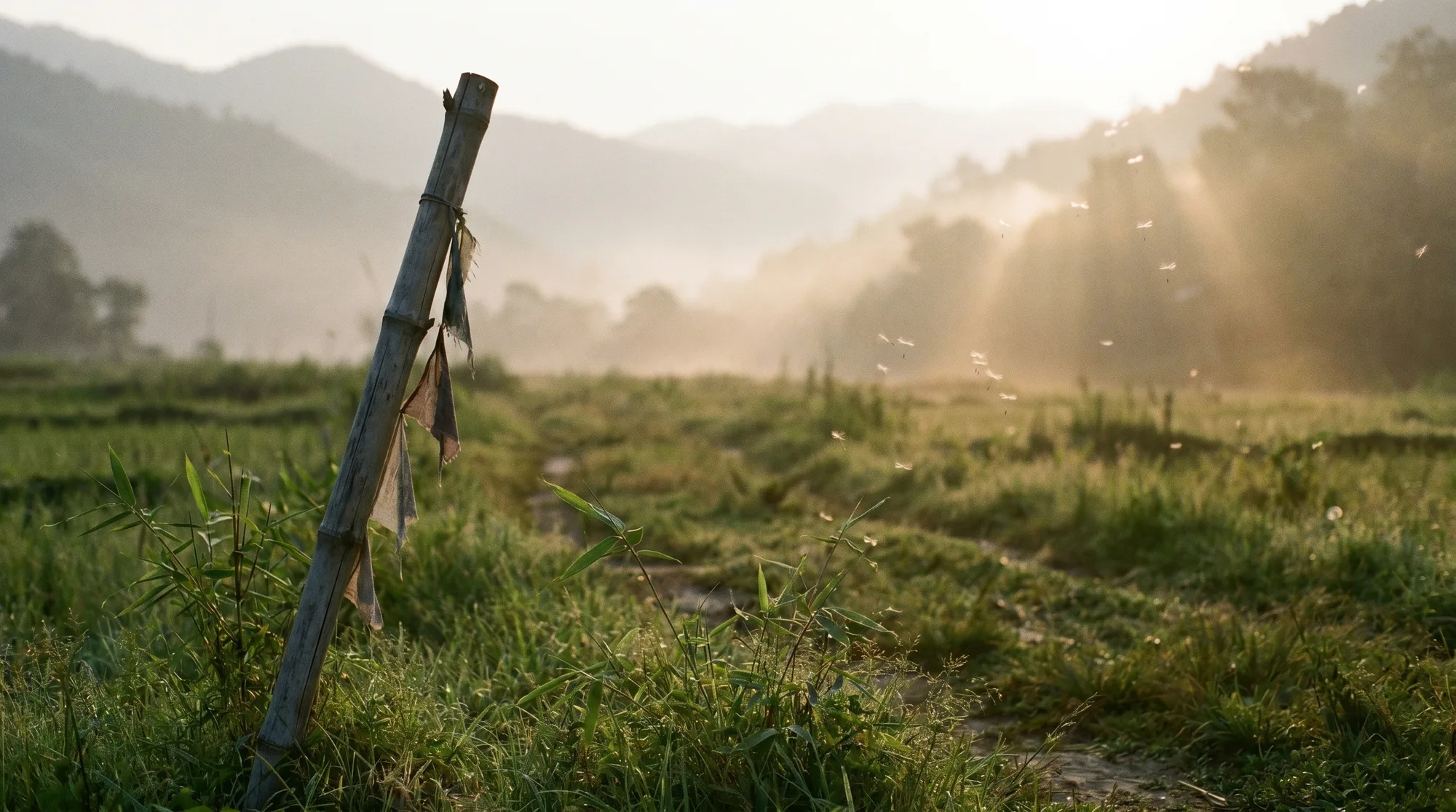 A quiet green field in eastern Nepal where a refugee camp once stood, golden memory light