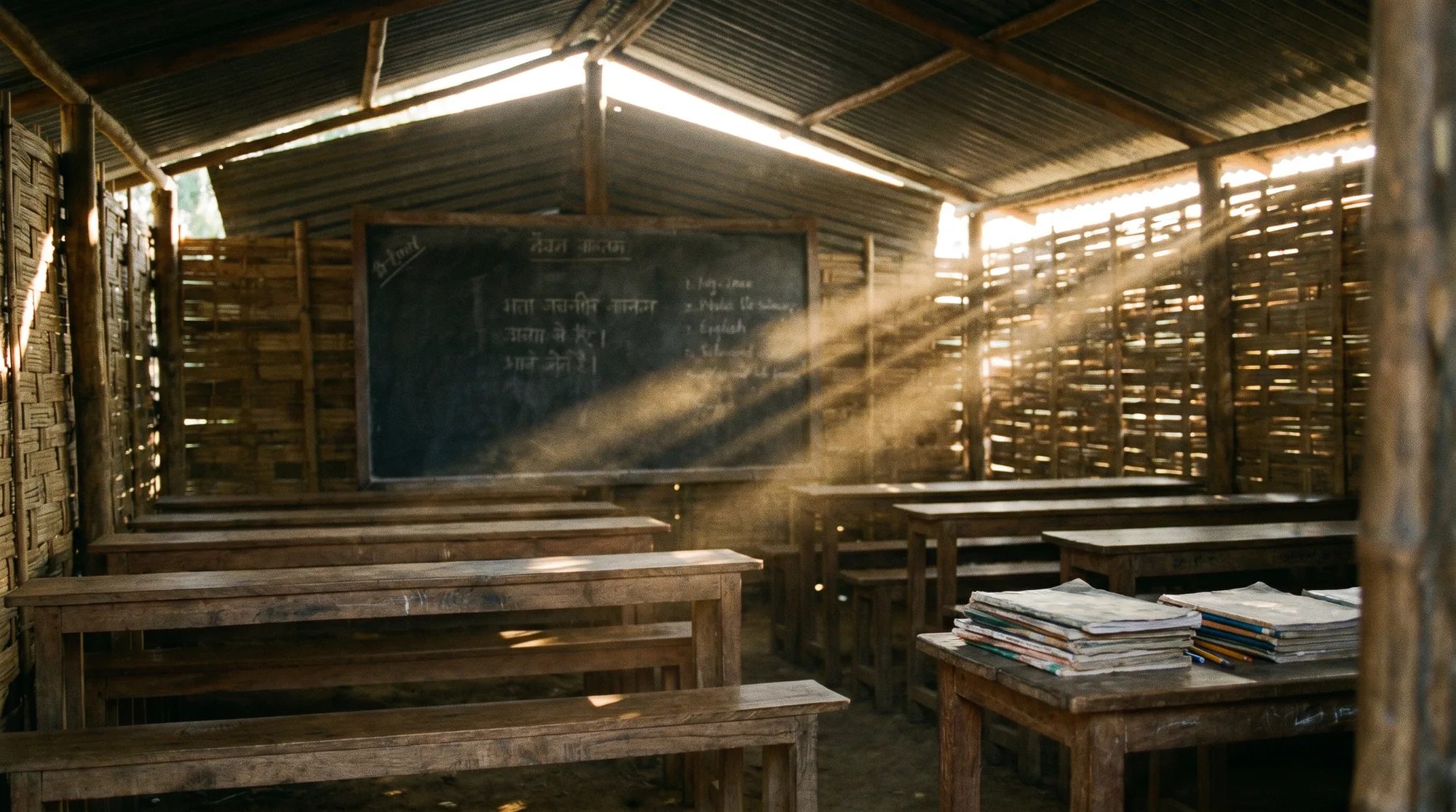 An empty bamboo classroom under a tin roof, shafts of light falling on rough benches and a chalk blackboard