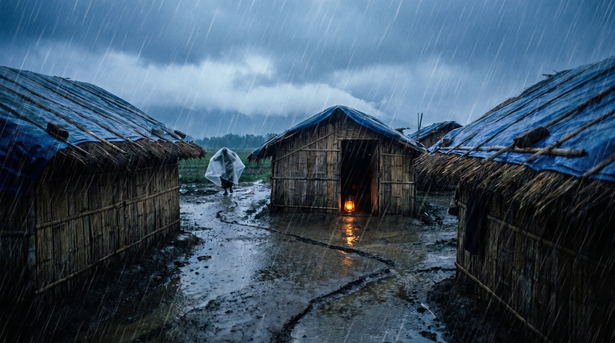 Monsoon rain over the muddy lanes of the camp, a single lantern glowing