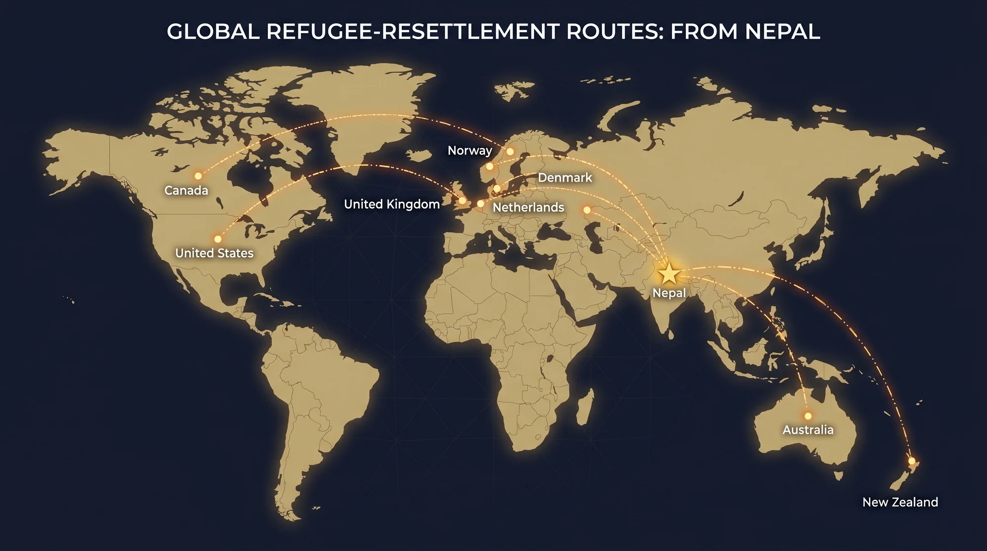 World map showing resettlement routes from Nepal to eight countries with dotted lines